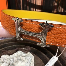 Orange Leather H Buckle Belt
