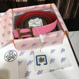 Pink and Red Reversible H Buckle Leather Belt