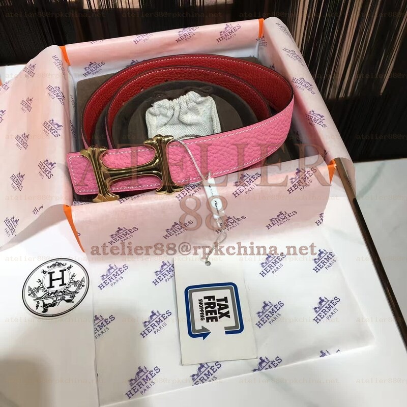 Pink and Red Reversible H Buckle Leather Belt