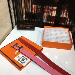 Pink and Red Reversible H Buckle Leather Belt