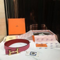 Pink and Red Reversible H Buckle Leather Belt