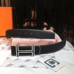 Black Contrast Stitch H Buckle Leather Belt
