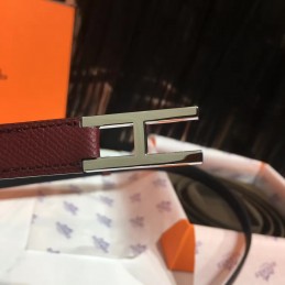 Burgundy and Gray Reversible H Buckle Leather Belt