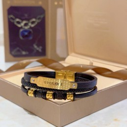 Black Leather Bracelet with...