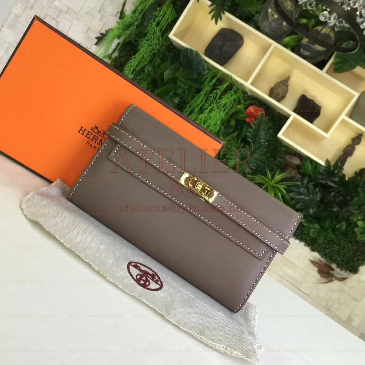 Taupe Gray Kelly Wallet Gold Hardware