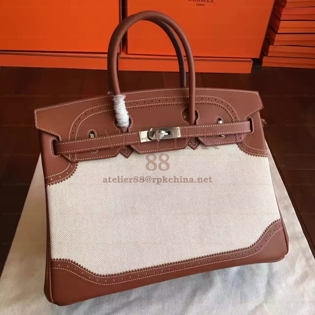 Canvas Brown Birkin 35 Palladium Hardware Bag