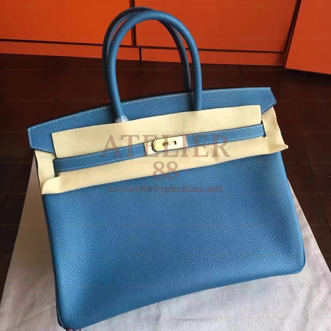 Blue Beige Birkin 35 Palladium Hardware Bag