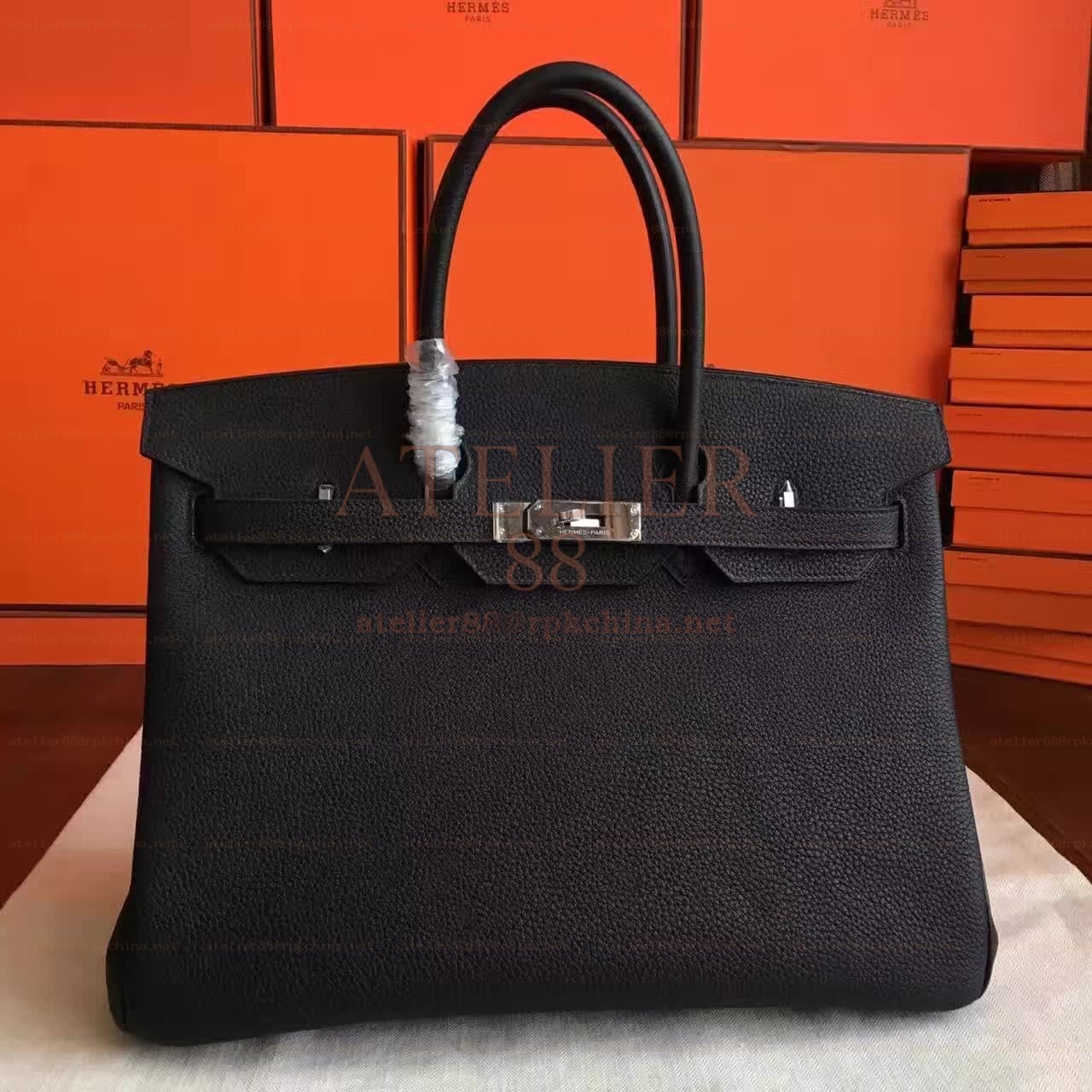 Black Textured Leather Birkin 35 Palladium Hardware Bag
