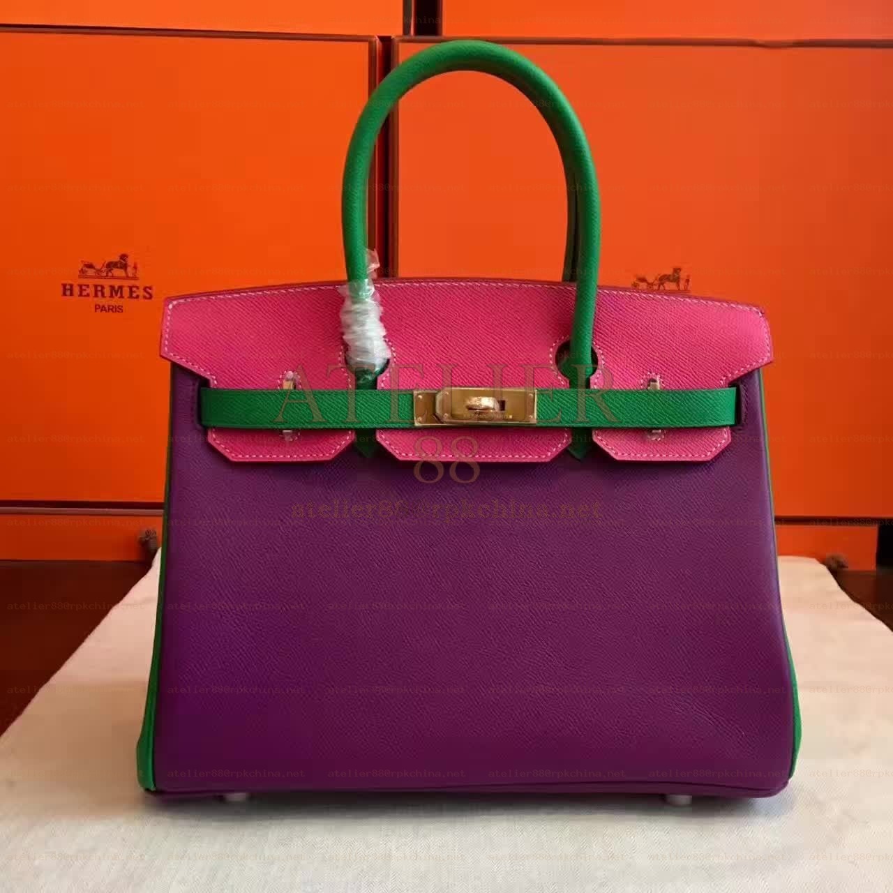 Purple Green Colorblock Birkin 30 Gold Hardware Bag
