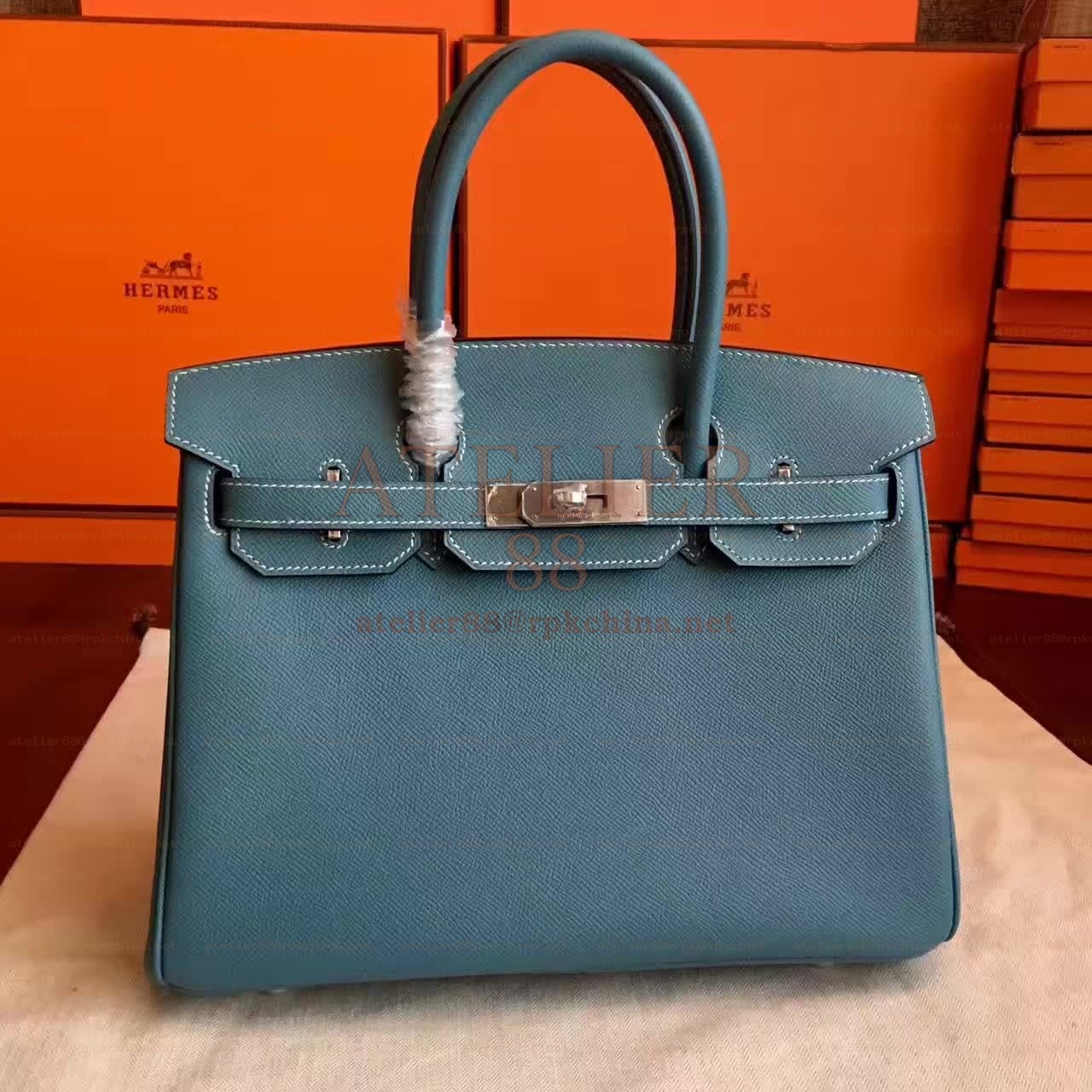 Blue Gray Birkin 30 Palladium Hardware Bag