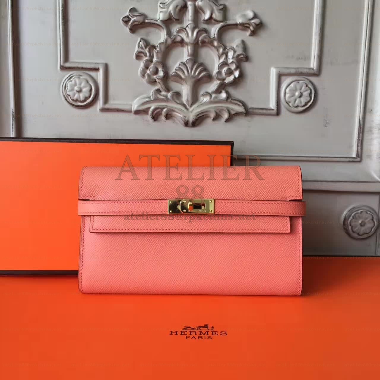 Coral Pink Kelly Wallet Gold Hardware