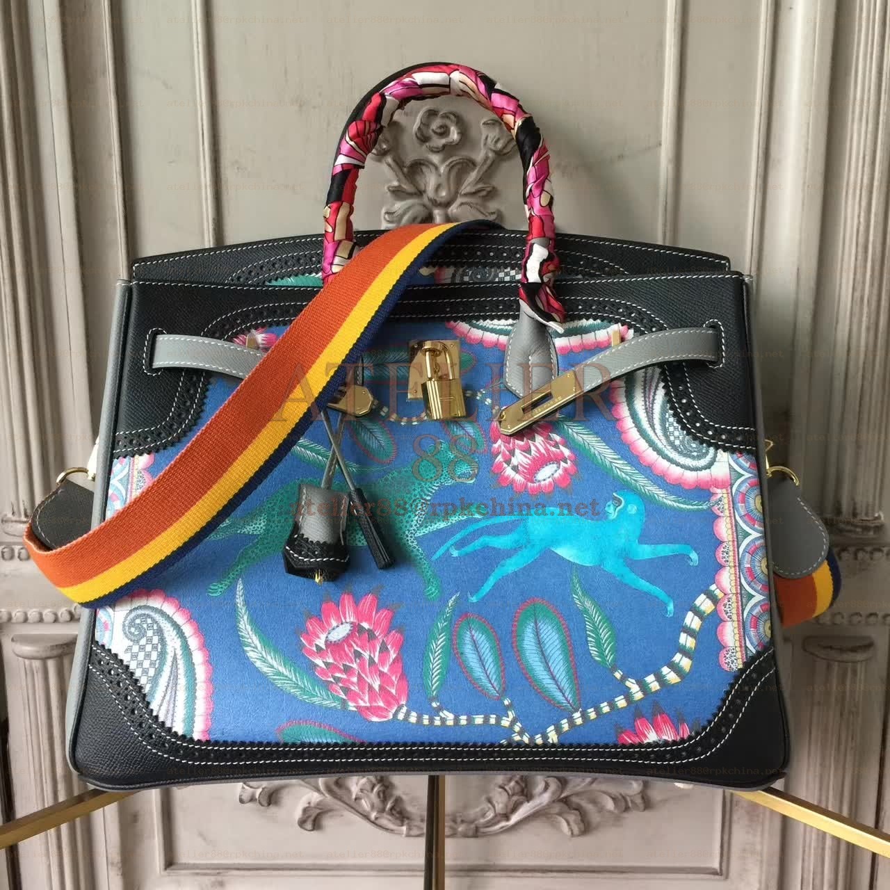 Black Blue Multicolor Print Birkin 35 Bag