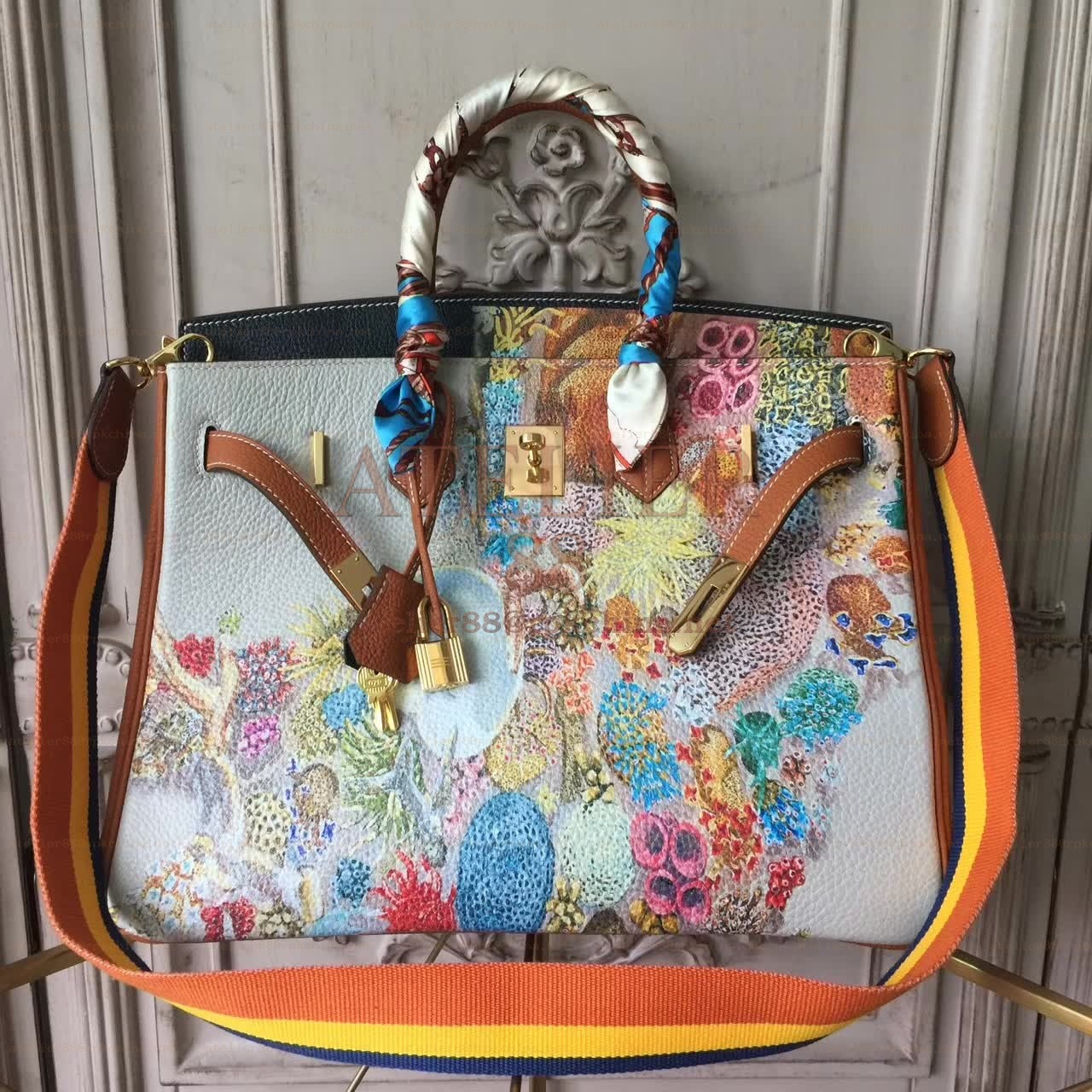 White Multicolor Print Birkin 35 Bag