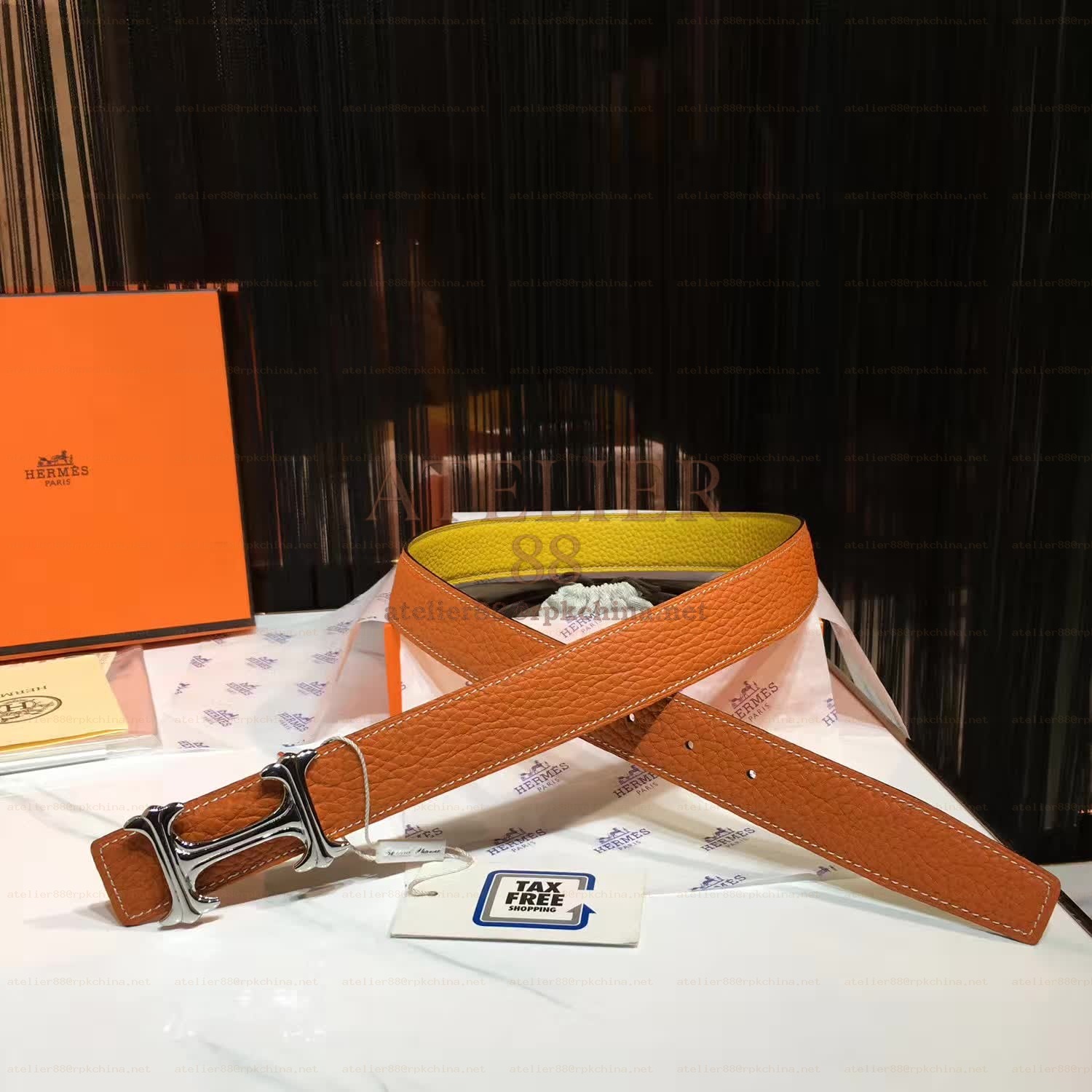 Orange Leather H Buckle Belt