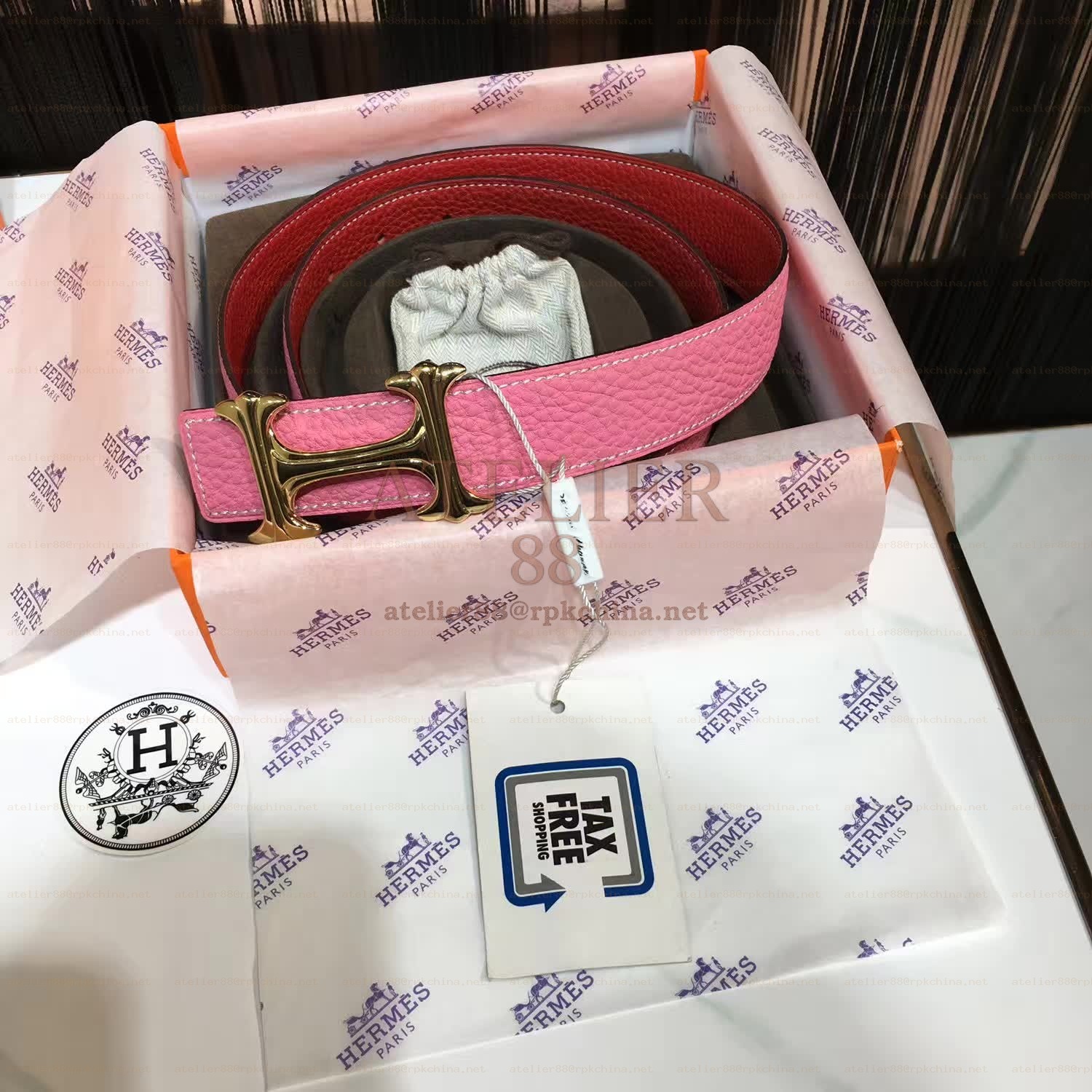 Pink and Red Reversible H Buckle Leather Belt