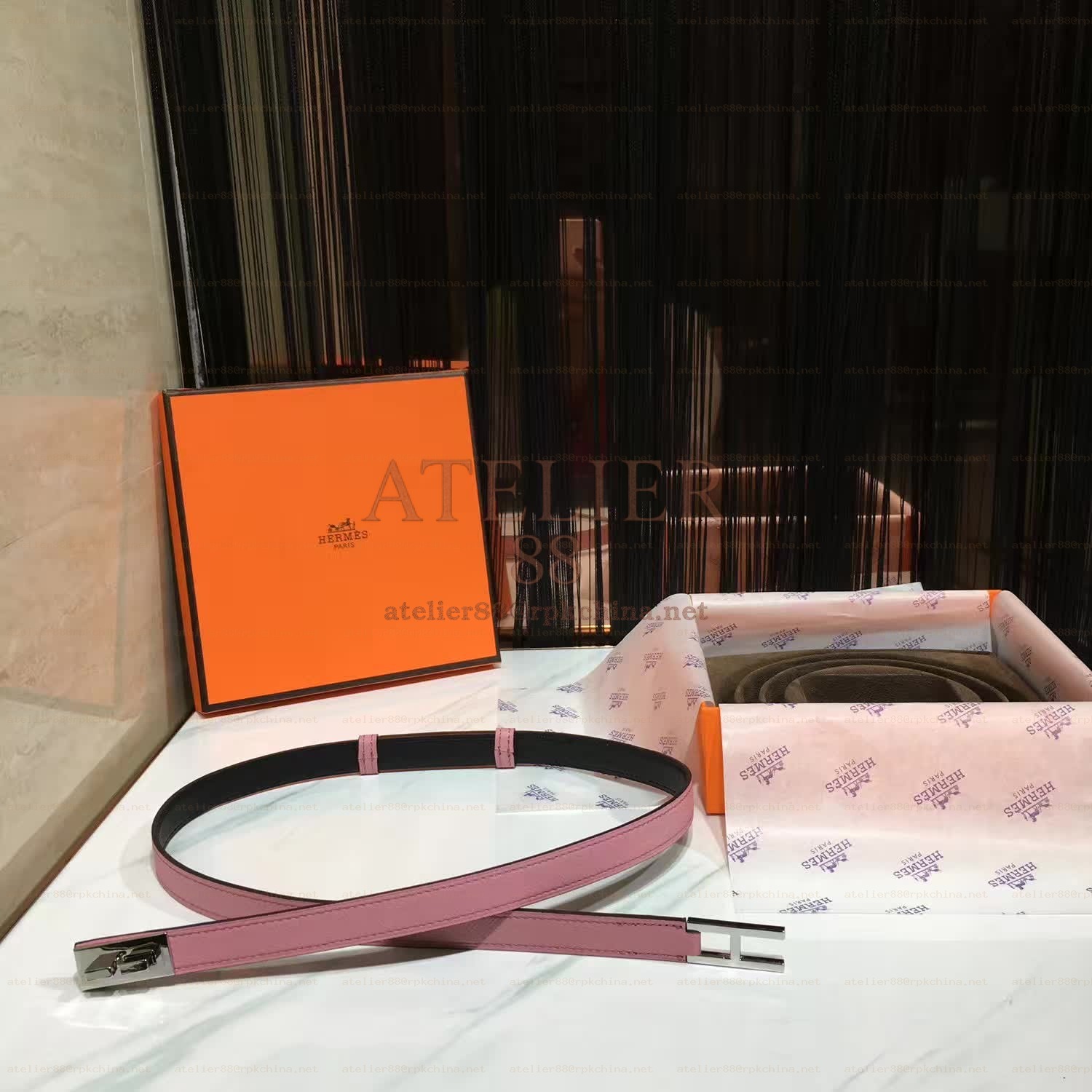 Pink and Black Reversible H Buckle Leather Belt