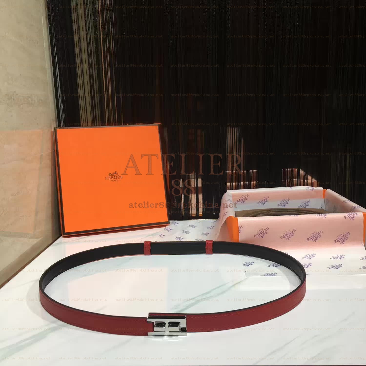 Red and White Reversible H Buckle Leather Belt