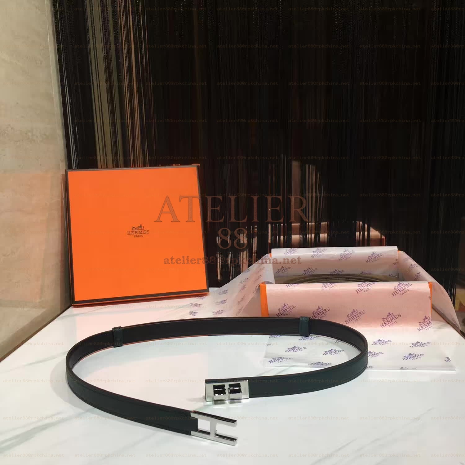 Black White Slim Silver H Buckle Leather Belt