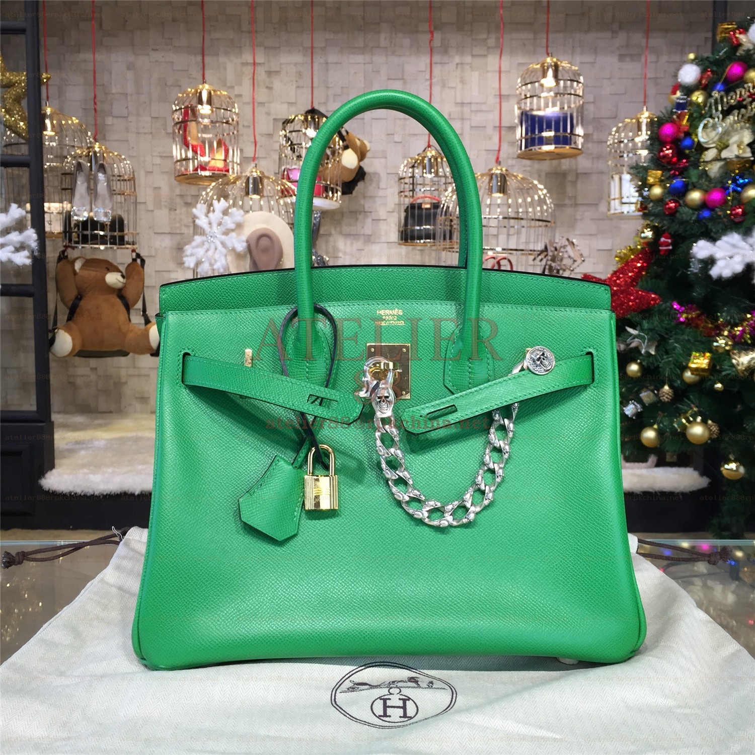 Green Birkin 35 Bag Silver Chain
